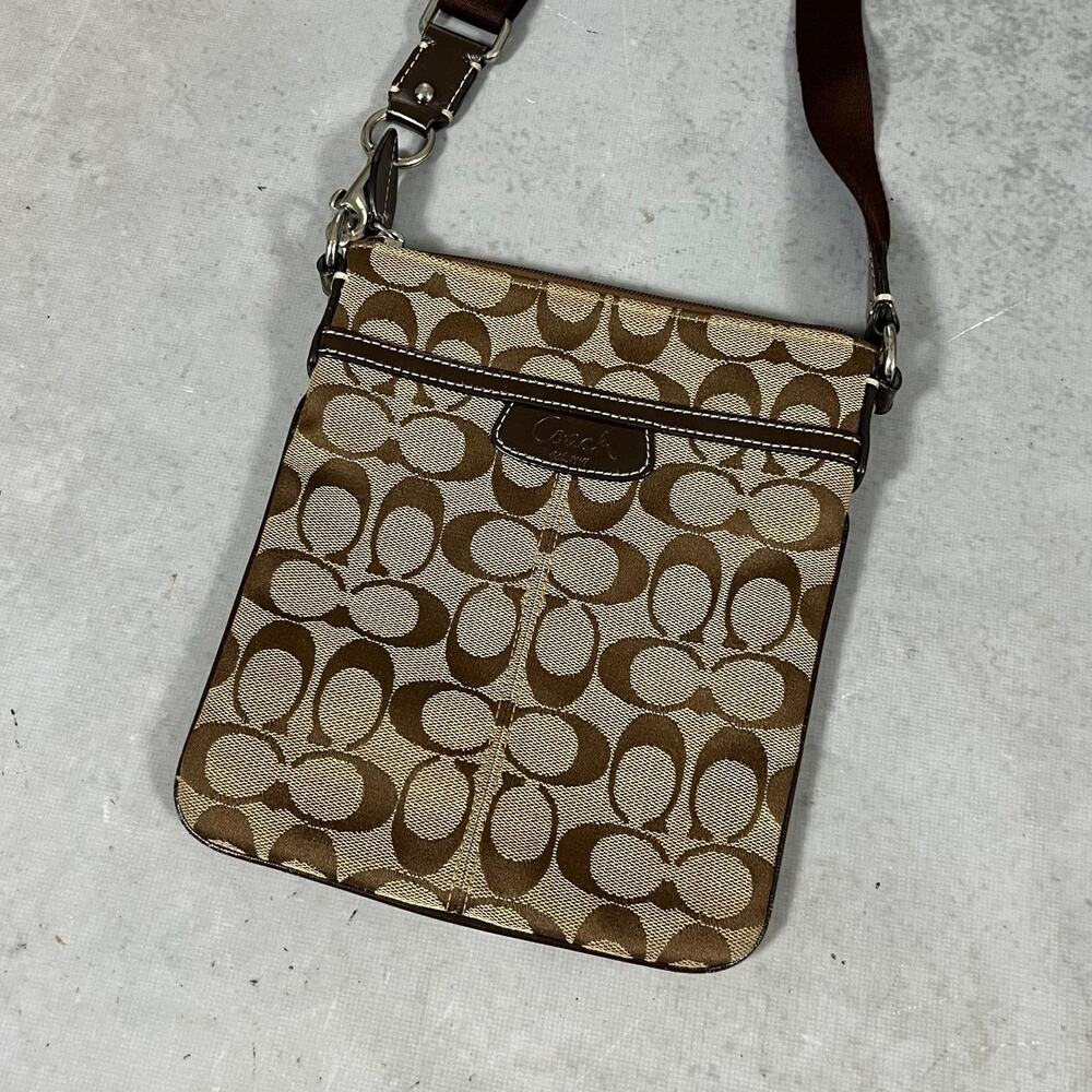 Coach Signature Khaki Canvas Crossbody Bag Brown Leather Trim Purse
